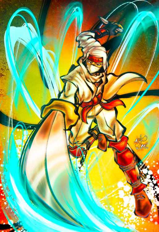 Joe Musashi from SEGA's Shinobi Art of Vengence. To capture his herois action I triedto emmulate the old brush textures that are usually present in traditional ink brushes. Joe Musashi from SEGA's Shinobi Art of Vengence. To capture his herois action I triedto emmulate the old brush textures that are usually present in traditional ink brushes.